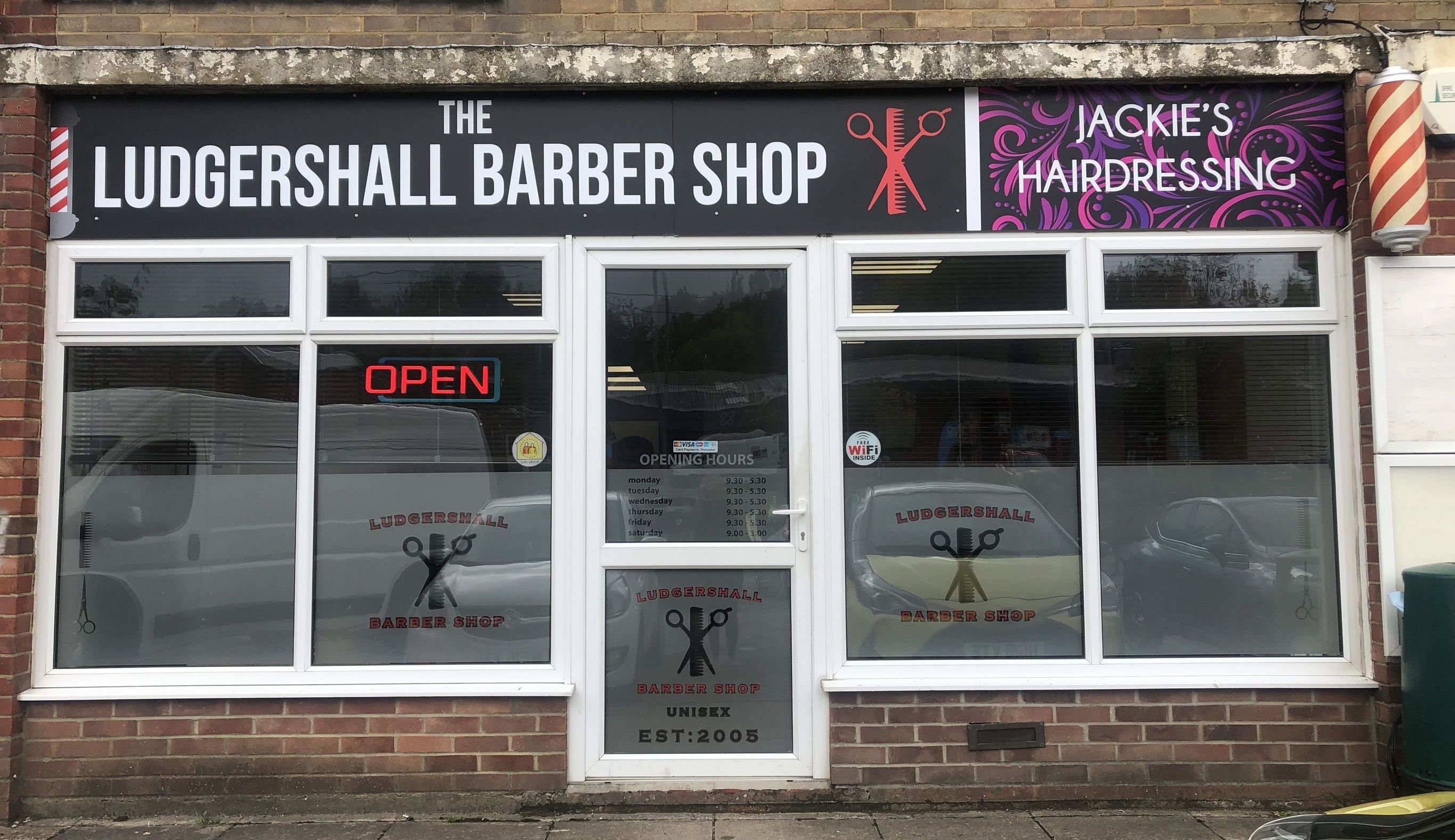 The shopfront on Andover Road: The Ludgershall Barber Shop and Jackie's Hairdressing
